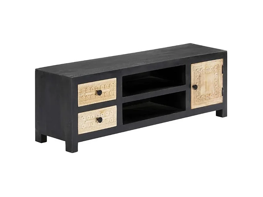 Meuble TV 3 portes manguier massif clair et gris Misty