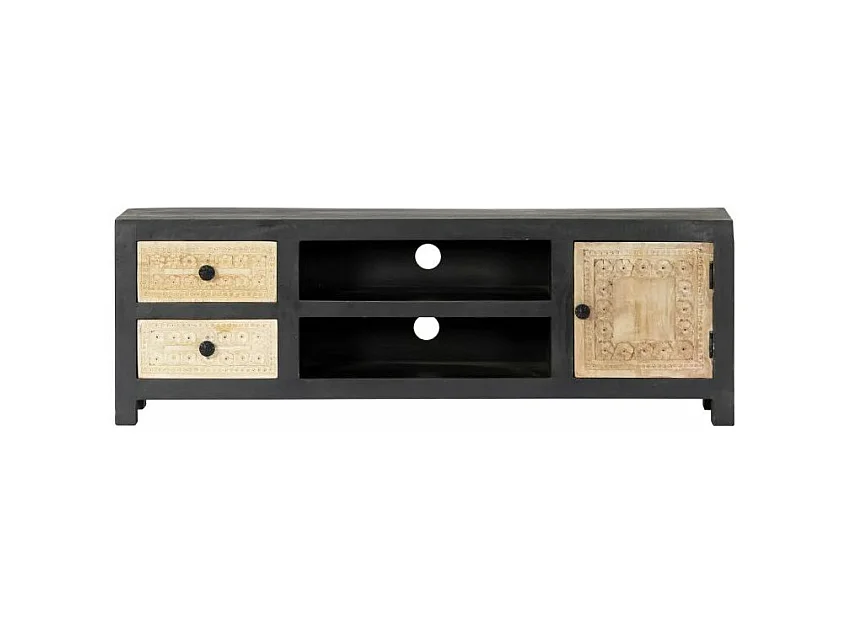 Meuble TV 3 portes manguier massif clair et gris Misty