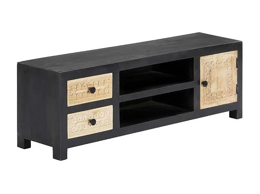 Meuble TV 3 portes manguier massif clair et gris Misty