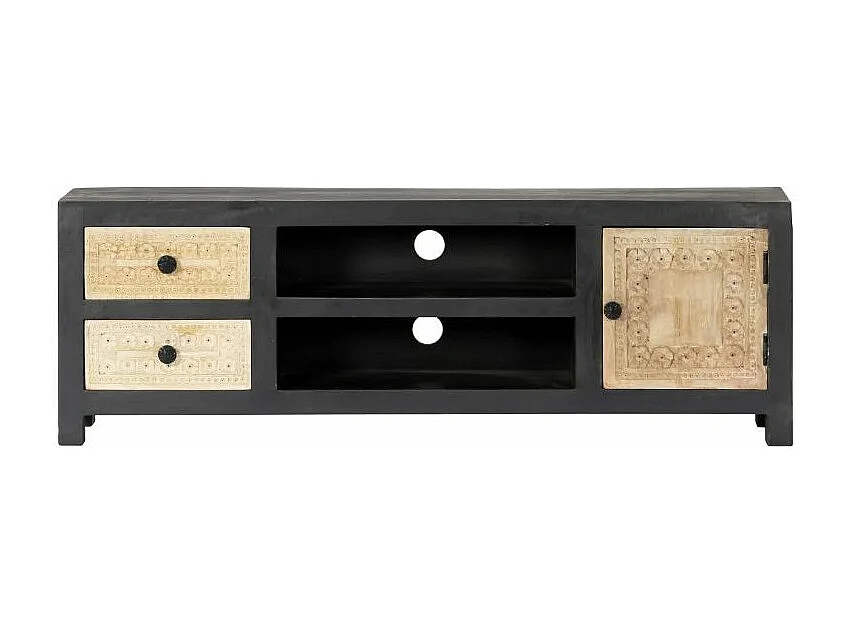 Meuble TV 3 portes manguier massif clair et gris Misty