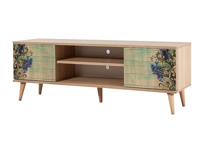 Meuble TV en bois clair à lamelles avec niche Kiza 727