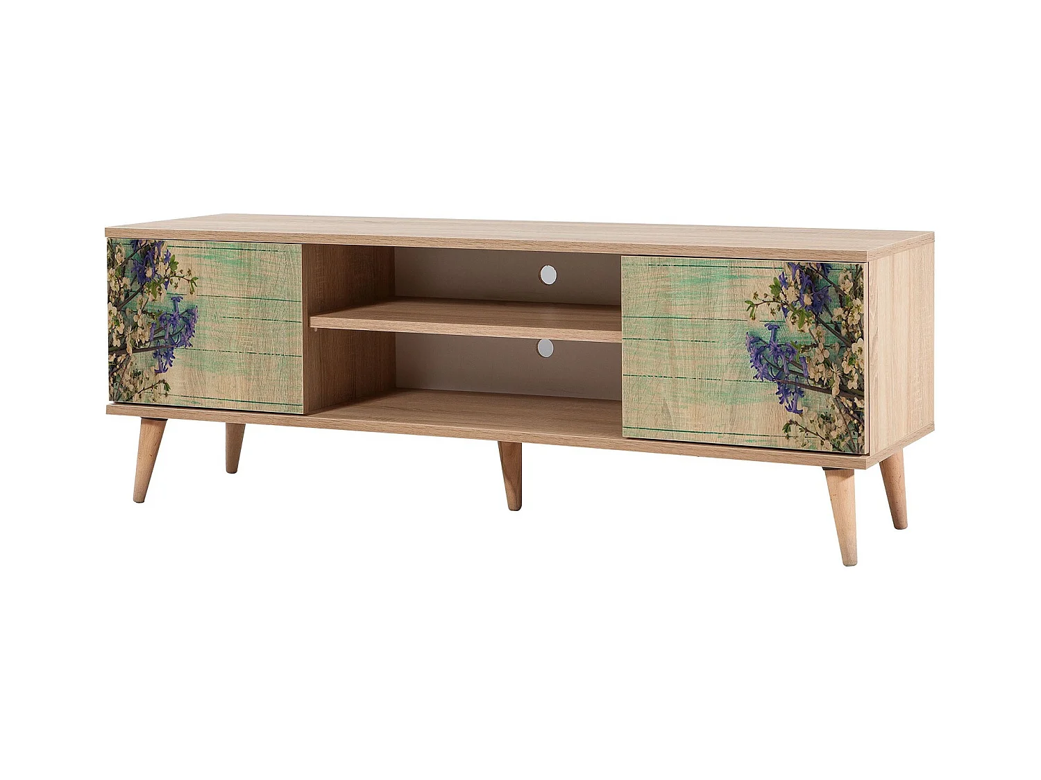 Meuble TV en bois clair à lamelles avec niche Kiza 727