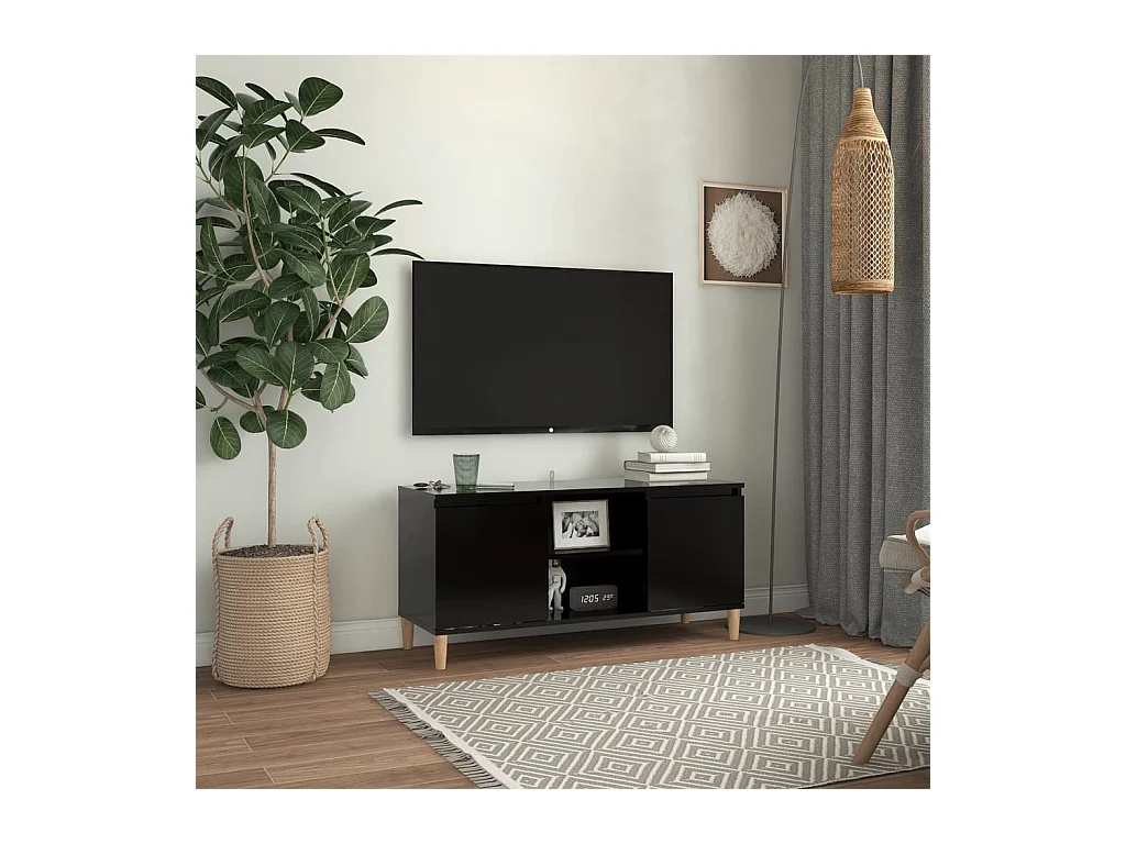 Meuble TV avec pieds en bois massif Noir 103,5x35x50
