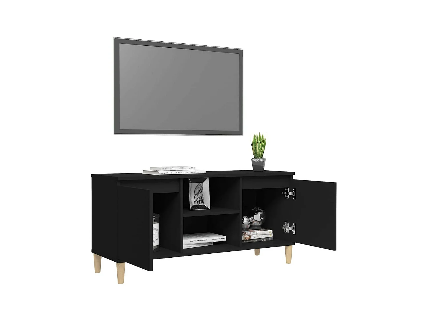 Meuble TV avec pieds en bois massif Noir 103,5x35x50