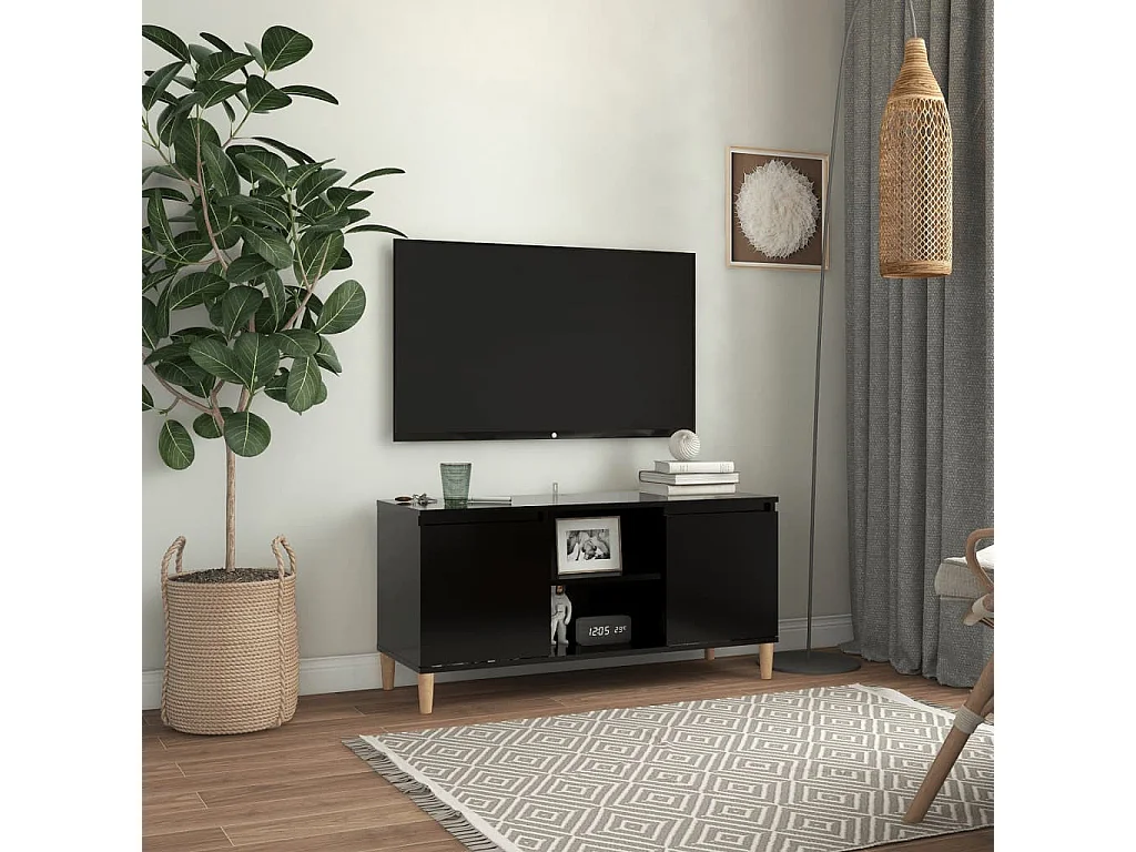 Meuble TV avec pieds en bois massif Noir 103,5x35x50