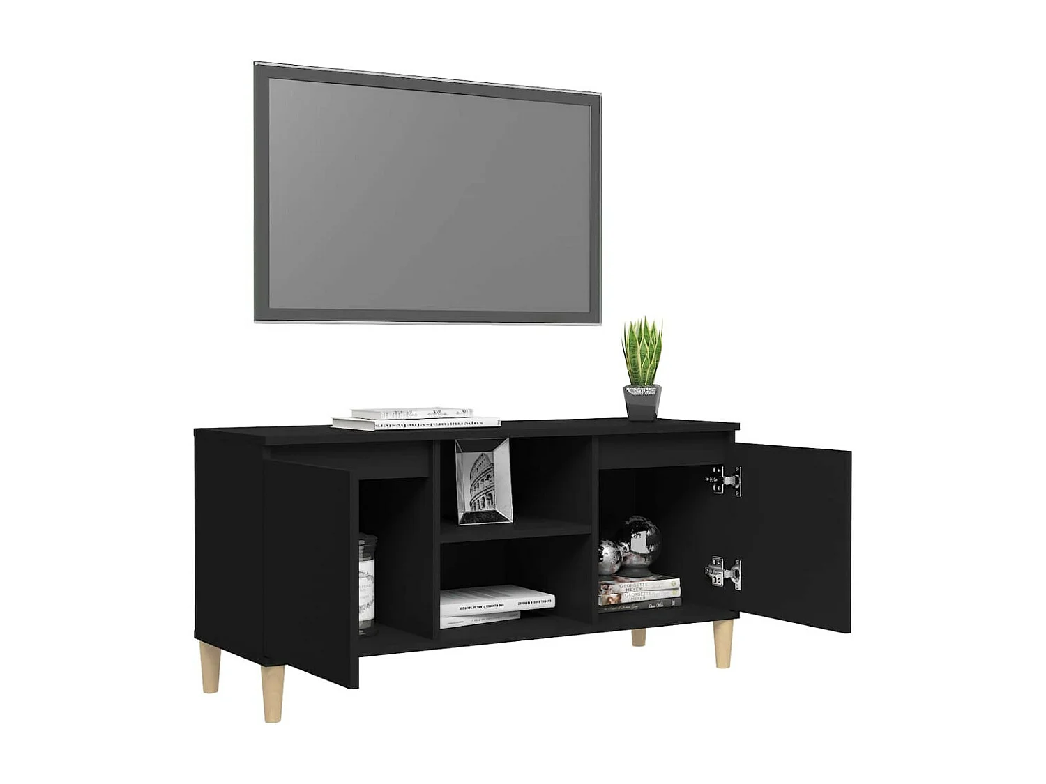 Meuble TV avec pieds en bois massif Noir 103,5x35x50