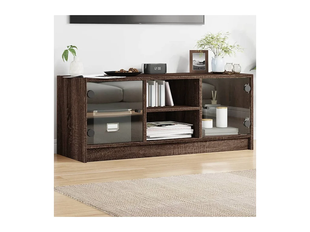Meuble TV avec portes en verre chêne marron 102x37x42
