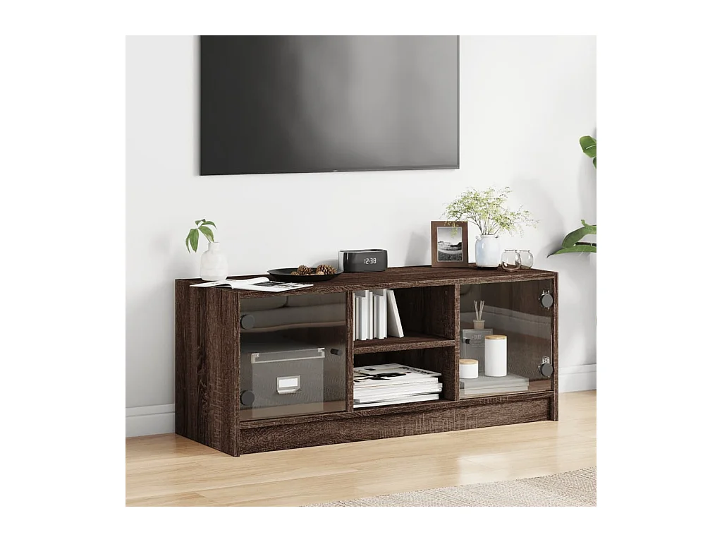 Meuble TV avec portes en verre chêne marron 102x37x42