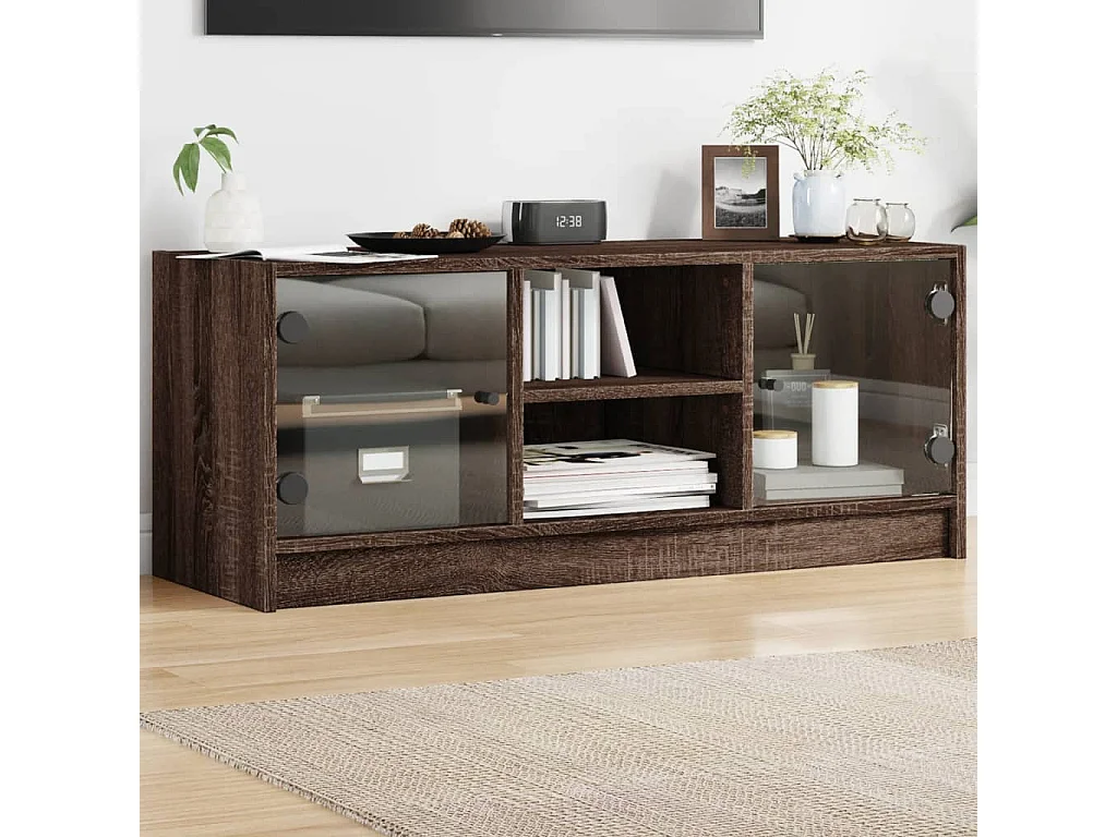 Meuble TV avec portes en verre chêne marron 102x37x42
