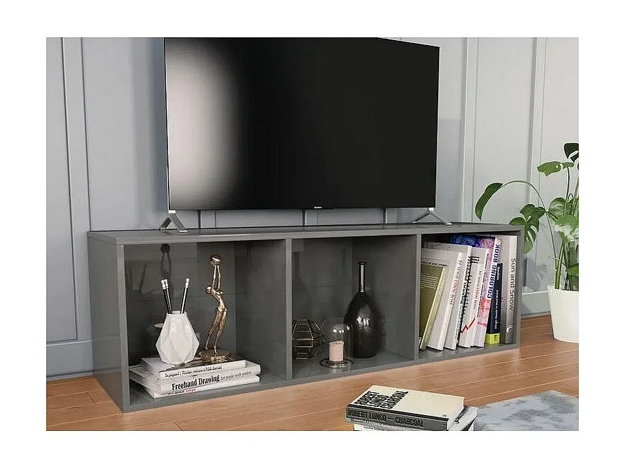 Meuble TV 3 niches bois gris brillant Membi 114cm