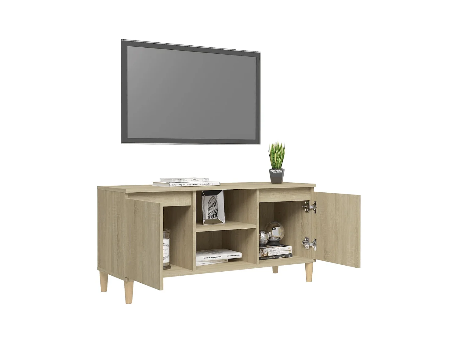 Meuble TV avec pieds en bois massif Chêne sonoma 103,5x35x50