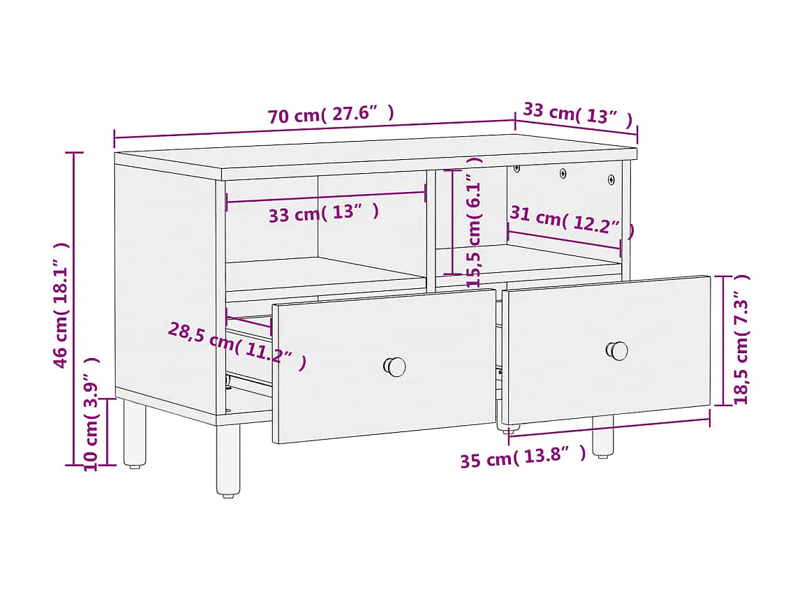 Meuble TV noir 70x33x46 bois massif de manguier