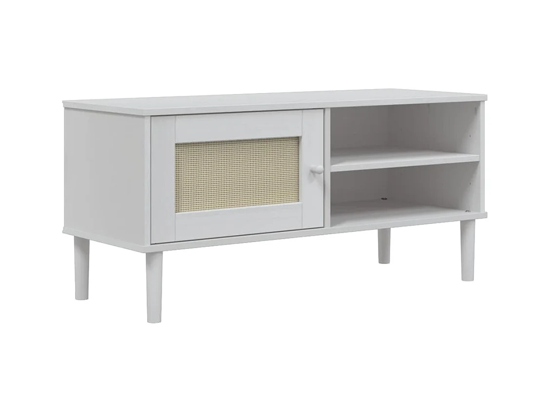 Meuble TV SENJA aspect rotin blanc 106x40x49 bois massif pin