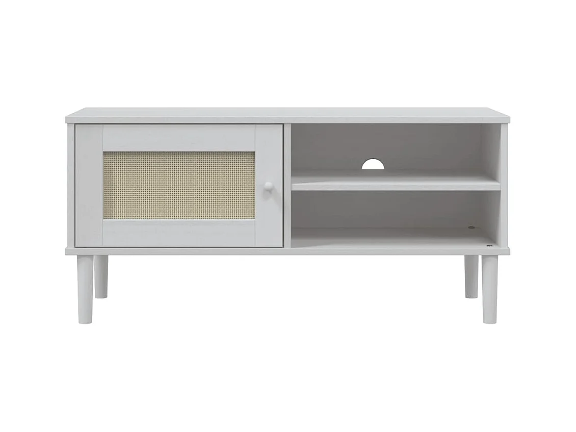 Meuble TV SENJA aspect rotin blanc 106x40x49 bois massif pin