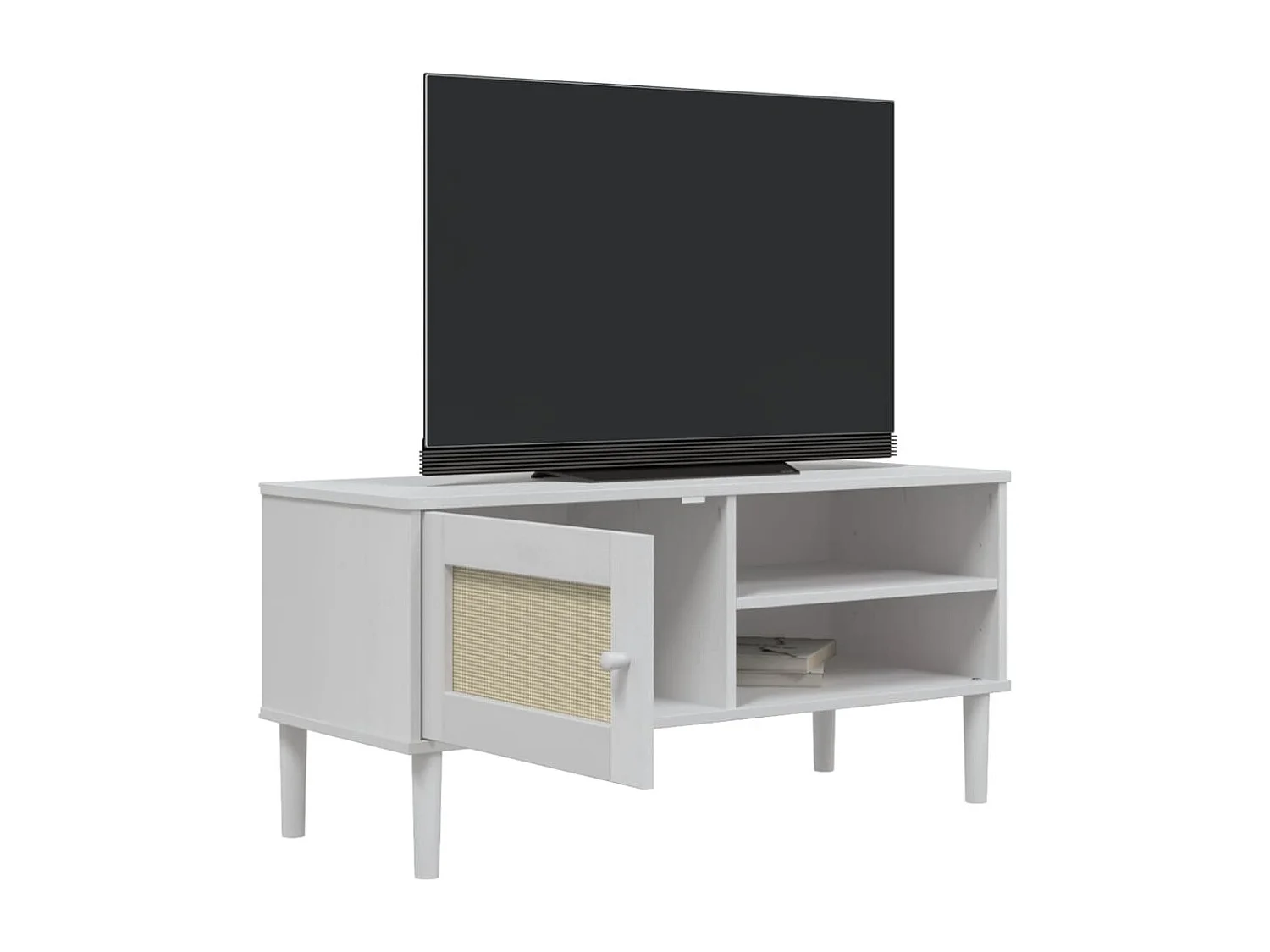 Meuble TV SENJA aspect rotin blanc 106x40x49 bois massif pin