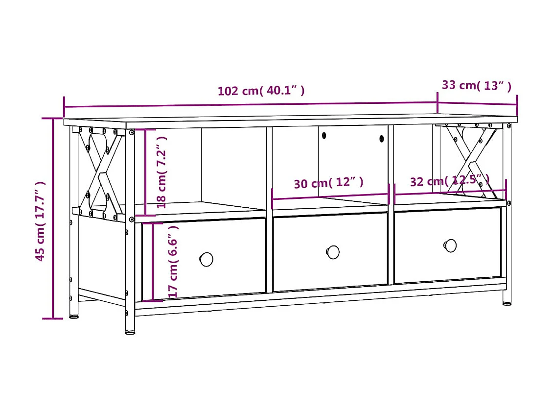 Meuble TV noir 102x33x45 bois d'ingénierie et fer