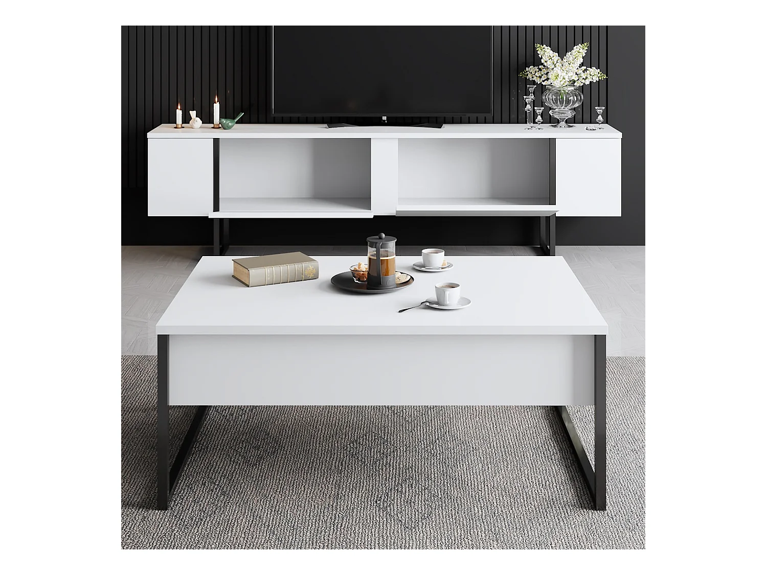 Meuble TV moderne 2 portes battantes en bois et pieds en acier Taky 180cm-Couleur Blanc