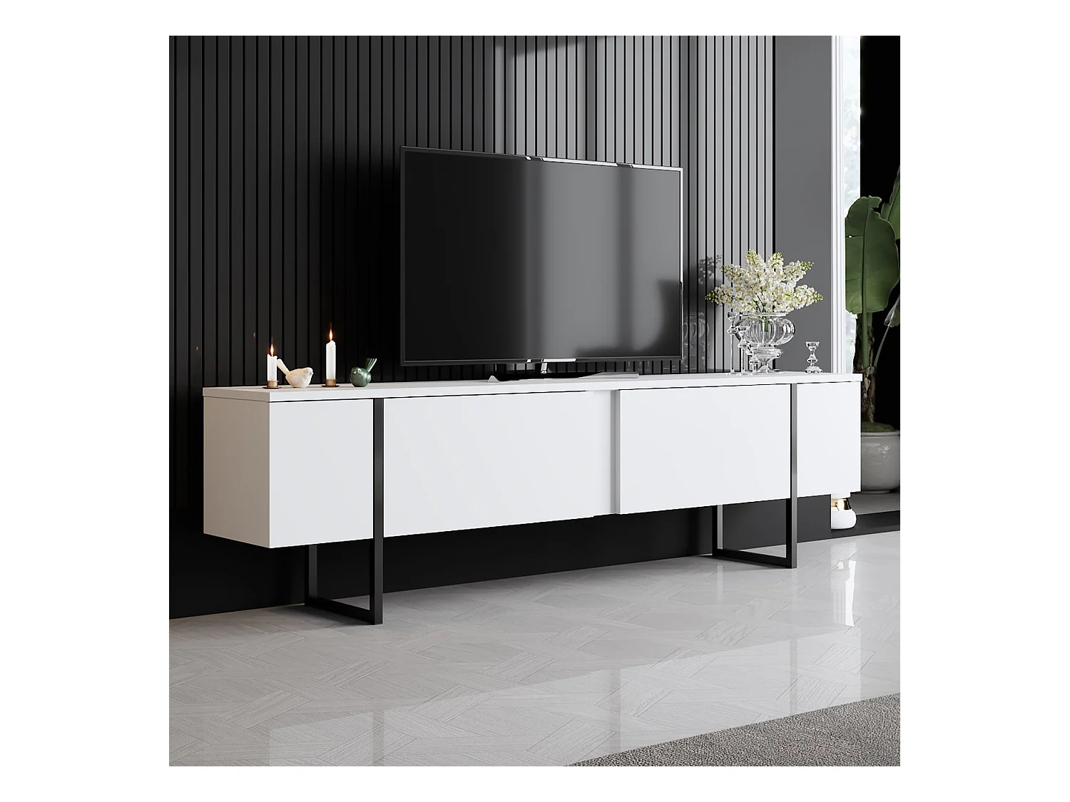 Meuble TV moderne 2 portes battantes en bois et pieds en acier Taky 180cm-Couleur Blanc