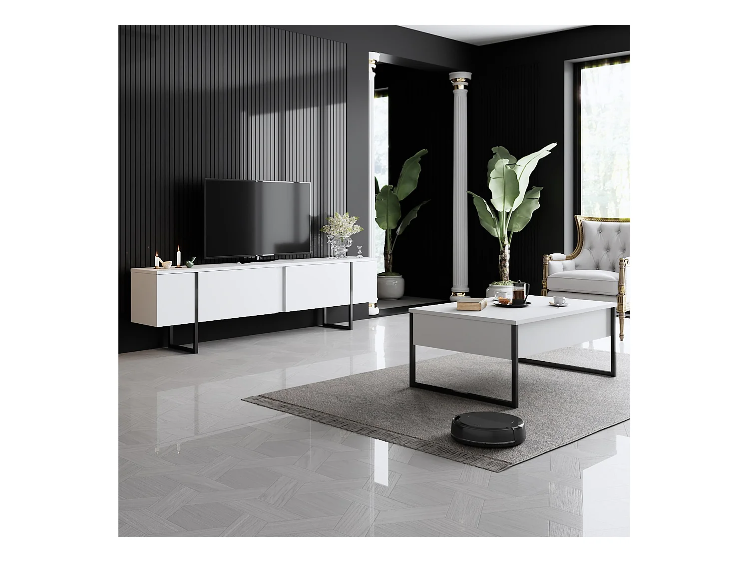 Meuble TV moderne 2 portes battantes en bois et pieds en acier Taky 180cm-Couleur Blanc