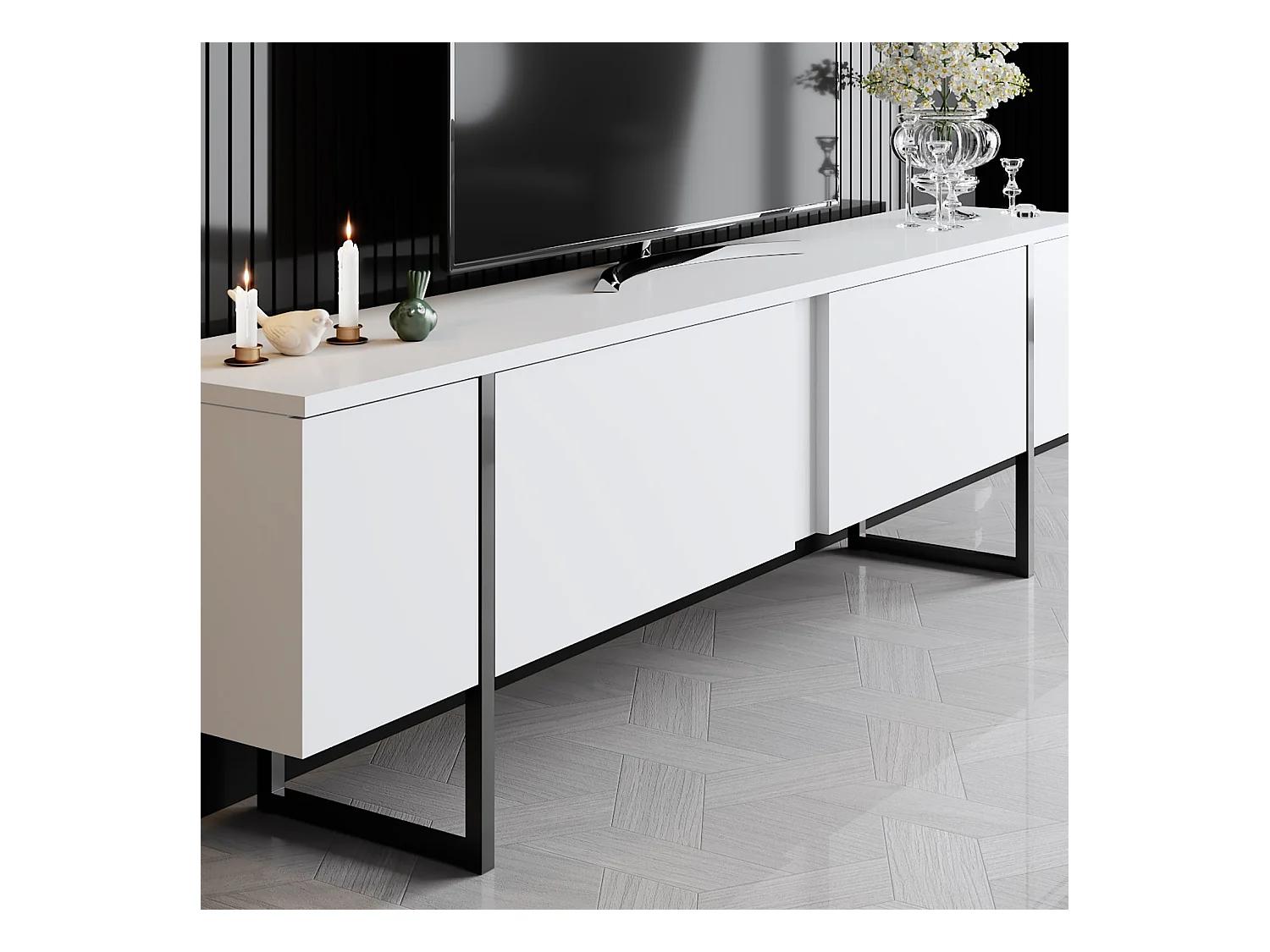 Meuble TV moderne 2 portes battantes en bois et pieds en acier Taky 180cm-Couleur Blanc