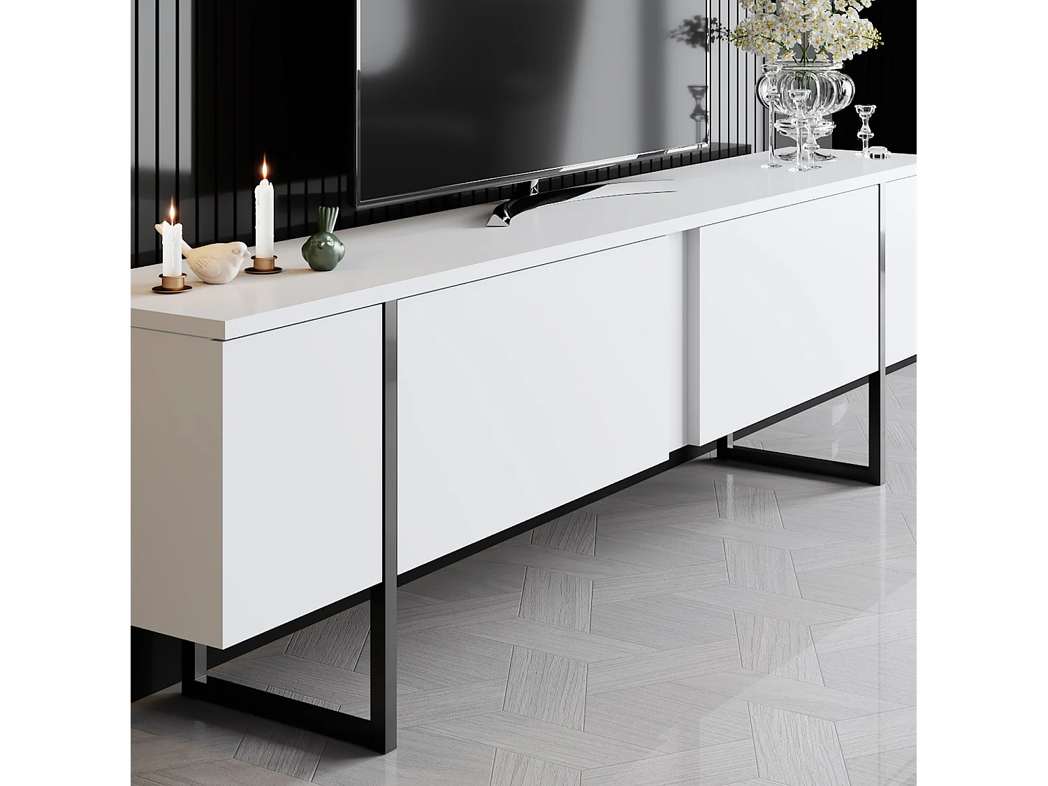 Meuble TV moderne 2 portes battantes en bois et pieds en acier Taky 180cm-Couleur Blanc