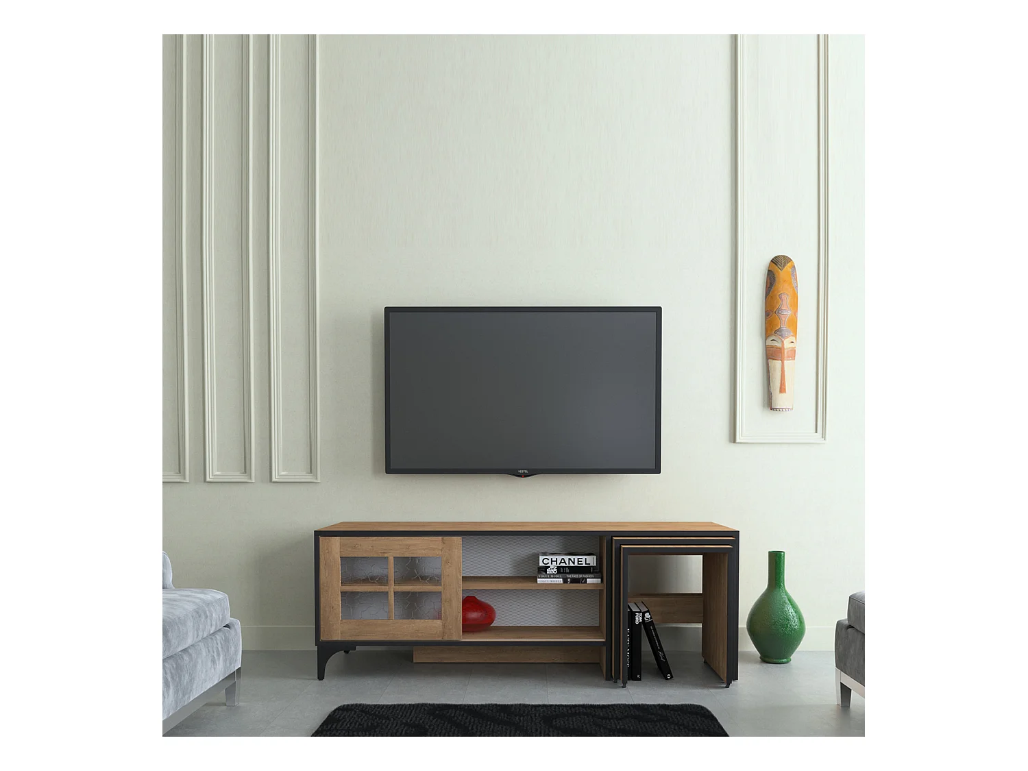 Meuble TV et 2 tables gigognes bois clair Riko 150cm