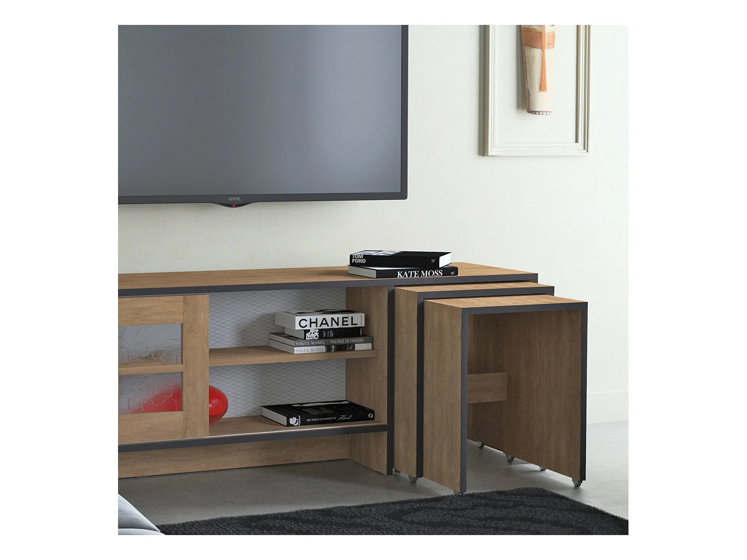 Meuble TV et 2 tables gigognes bois clair Riko 150cm