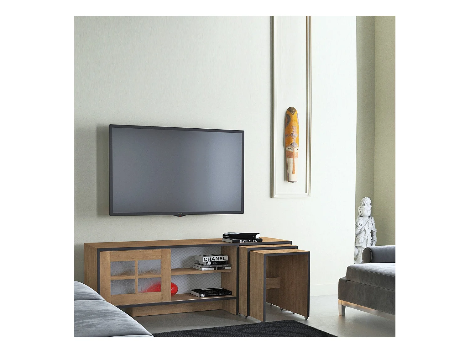 Meuble TV et 2 tables gigognes bois clair Riko 150cm