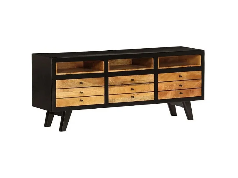 Meuble TV 3 niches 3 tiroirs manguier massif clair et noir Induka