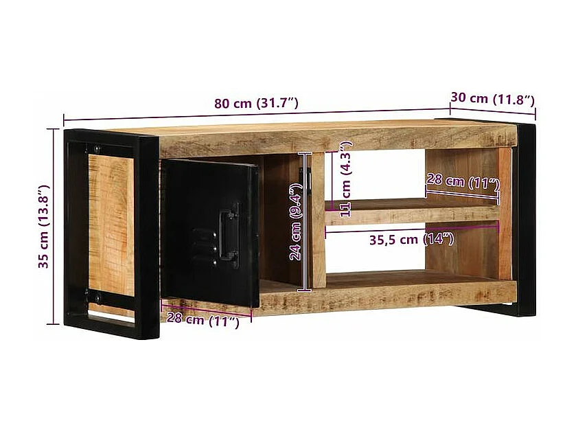 Meuble TV 80x30x35 bois massif de manguier brut