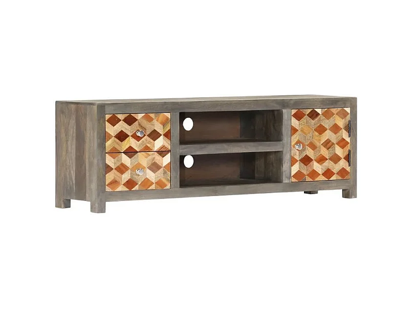 Meuble TV 1 porte 2 tiroirs manguier massif gris et clair Misty