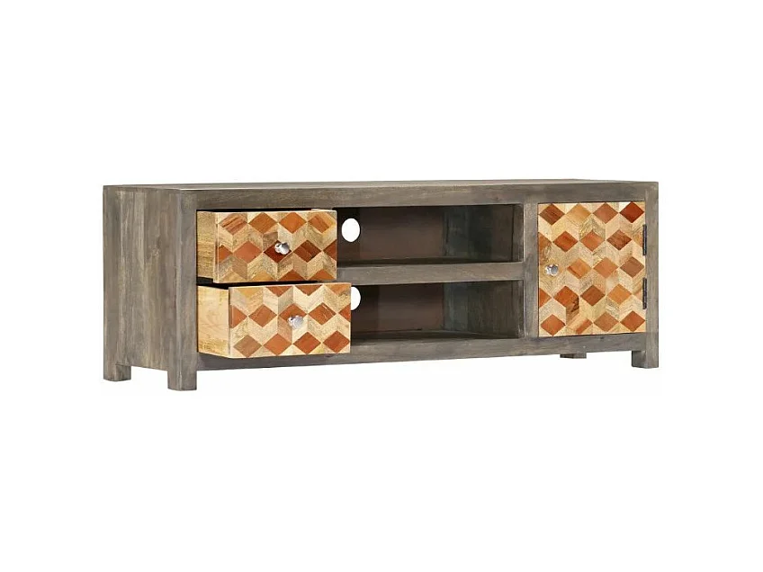 Meuble TV 1 porte 2 tiroirs manguier massif gris et clair Misty