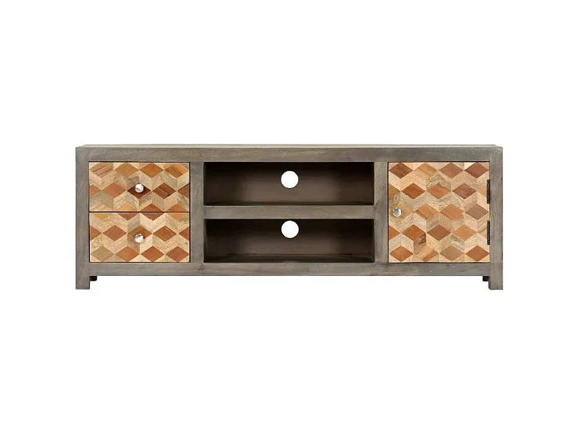 Meuble TV 1 porte 2 tiroirs manguier massif gris et clair Misty