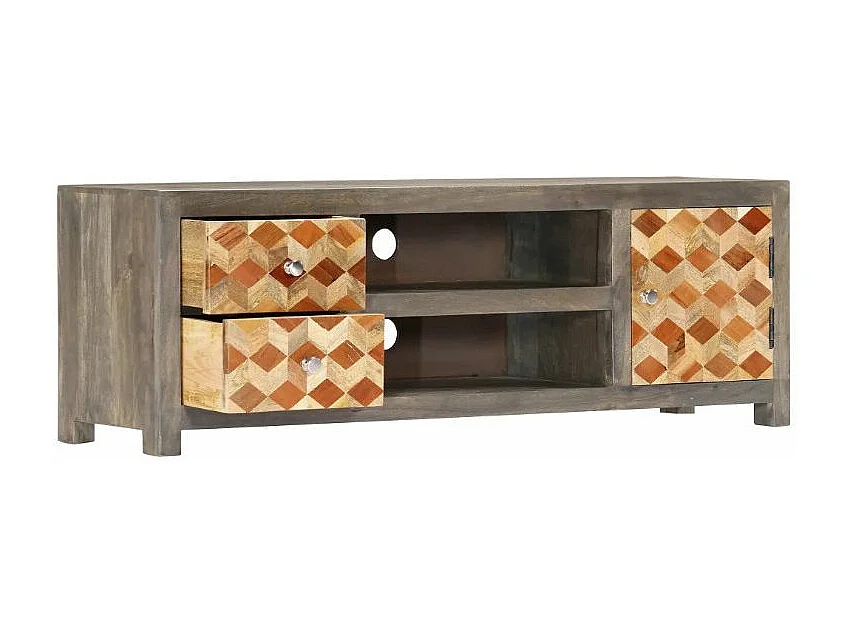 Meuble TV 1 porte 2 tiroirs manguier massif gris et clair Misty