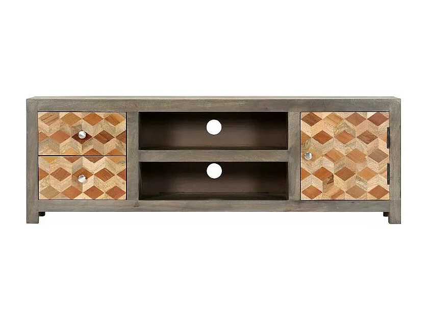 Meuble TV 1 porte 2 tiroirs manguier massif gris et clair Misty