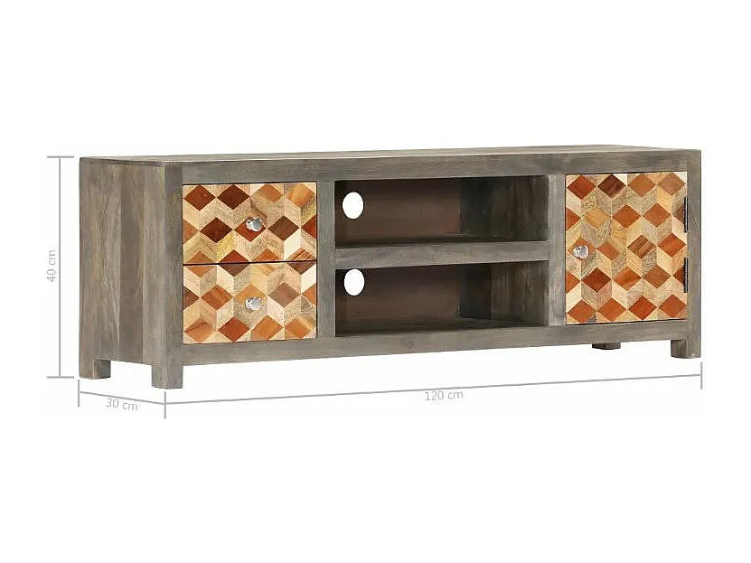 Meuble TV 1 porte 2 tiroirs manguier massif gris et clair Misty