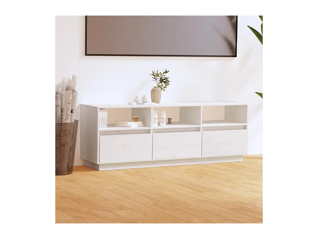Meuble TV Blanc 140x37x50 Bois de pin massif