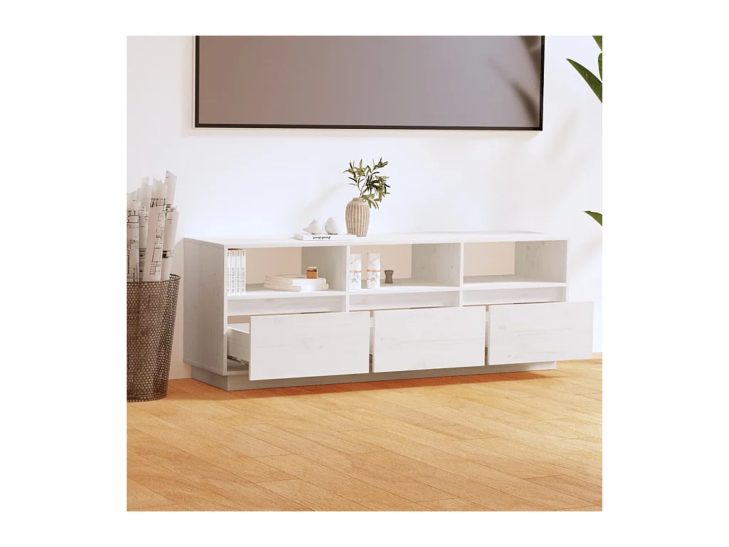 Meuble TV Blanc 140x37x50 Bois de pin massif