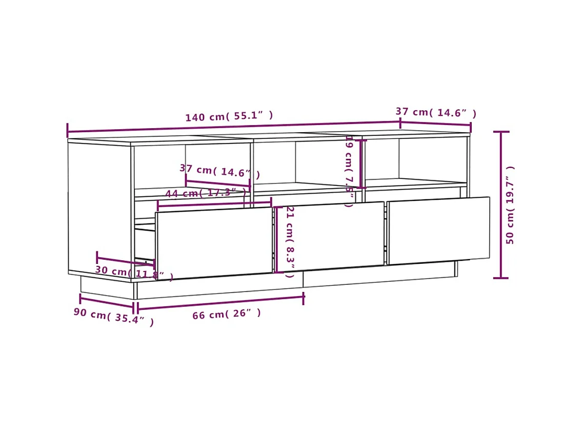 Meuble TV Blanc 140x37x50 Bois de pin massif