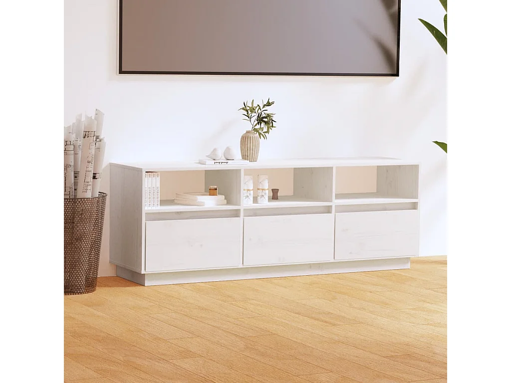 Meuble TV Blanc 140x37x50 Bois de pin massif