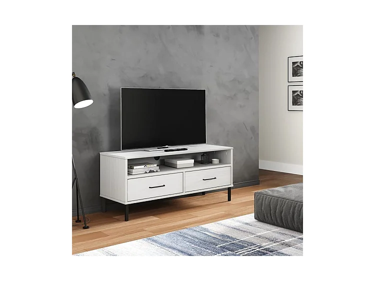 Meuble TV avec pieds en métal Blanc Bois de pin massif OSLO