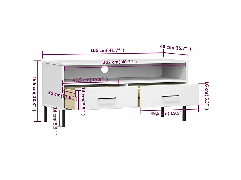 Meuble TV avec pieds en métal Blanc Bois de pin massif OSLO