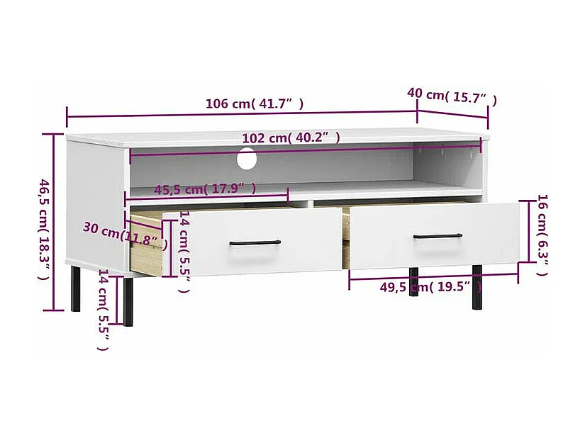 Meuble TV avec pieds en métal Blanc Bois de pin massif OSLO