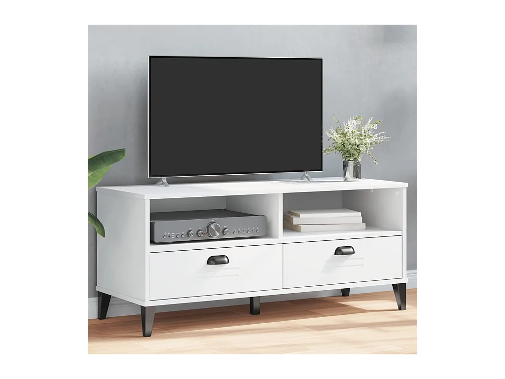 Meuble TV VIKEN blanc bois de pin solide