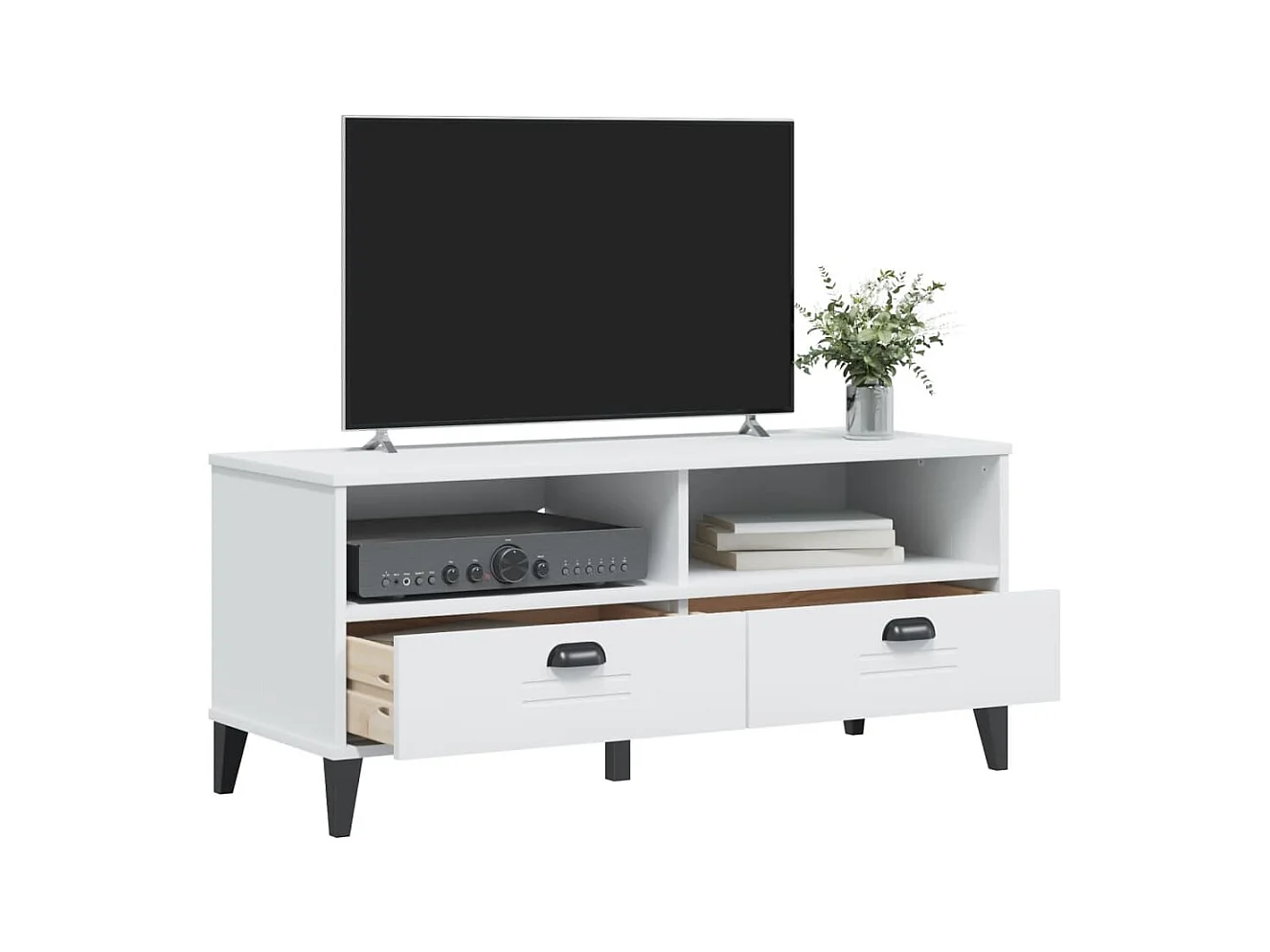 Meuble TV VIKEN blanc bois de pin solide
