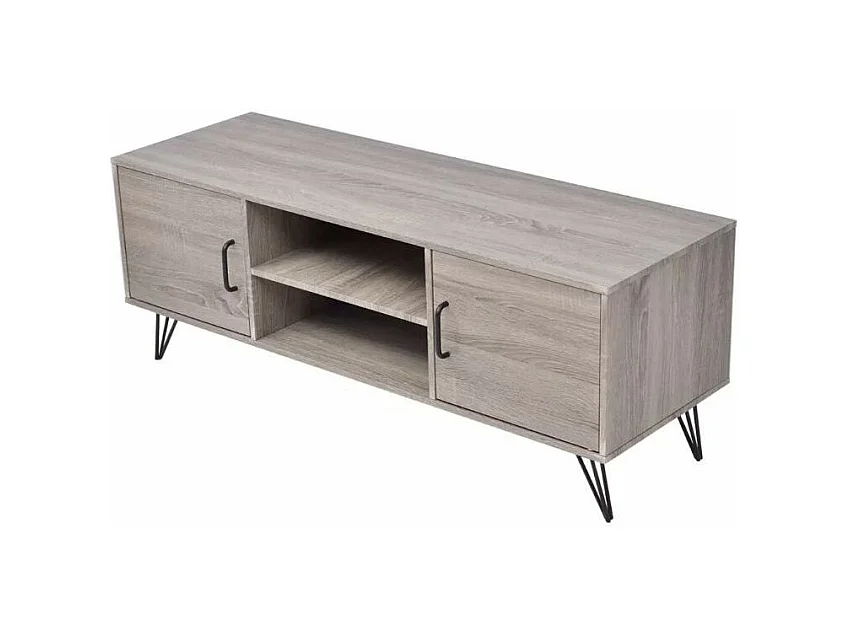 Meuble TV 2 niches 2 portes bois gris et métal noir Kanoe