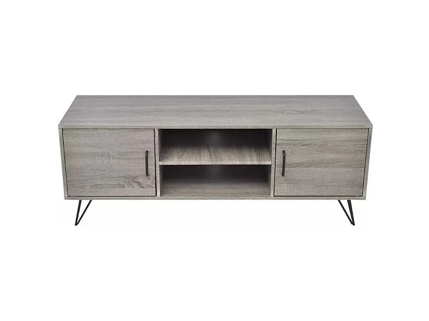 Meuble TV 2 niches 2 portes bois gris et métal noir Kanoe