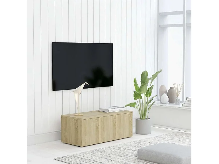 Meuble TV 3 tiroirs bois chêne clair Onic 80cm