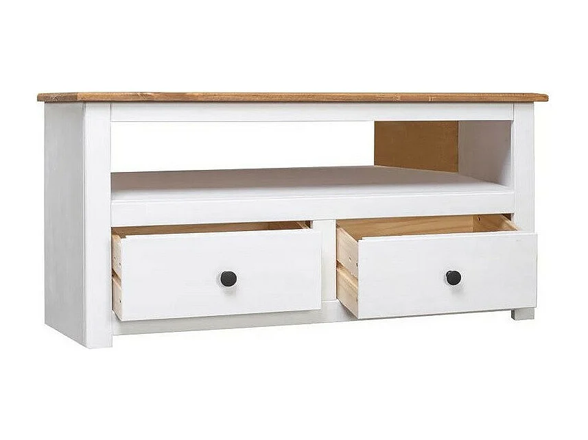 Meuble TV 2 tiroirs pin massif foncé et blanc Urda 93cm