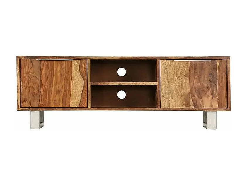 Meuble TV 2 portes 2 niches sesham massif clair et métal Bouka